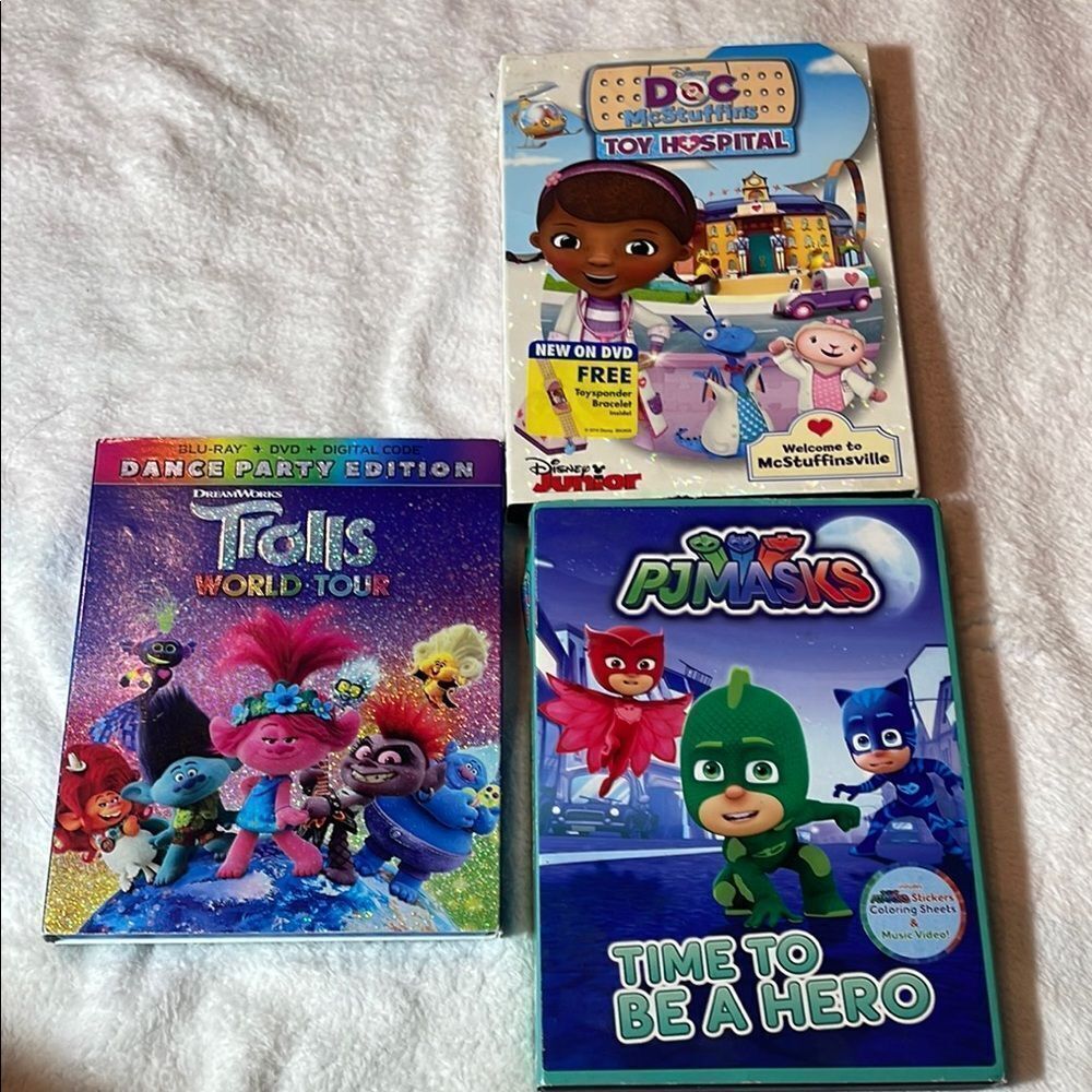 PJ Masks, trolls, world, tour, Doc McStuffins toy hospital DVD bundle
